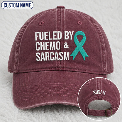 Personalized Fueled By Sarcasm Teal Ribbon Embroidered Washed Cap