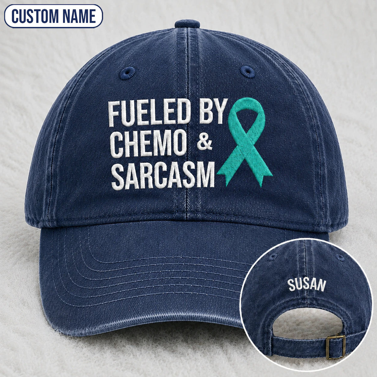 Personalized Fueled By Sarcasm Teal Ribbon Embroidered Washed Cap