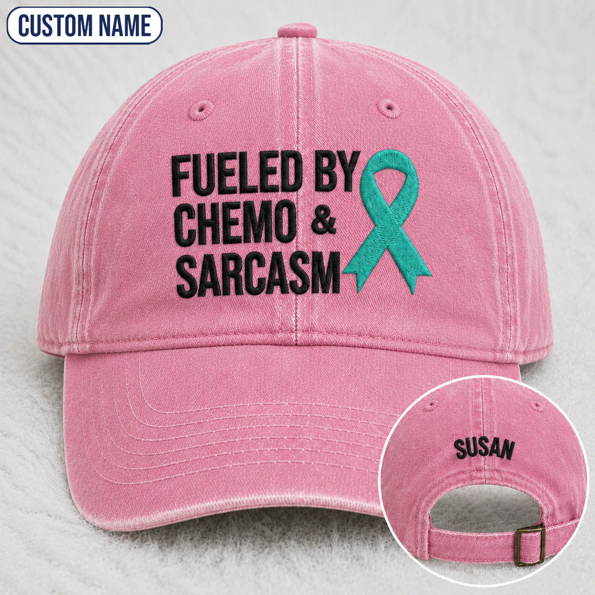 Personalized Fueled By Sarcasm Teal Ribbon Embroidered Washed Cap