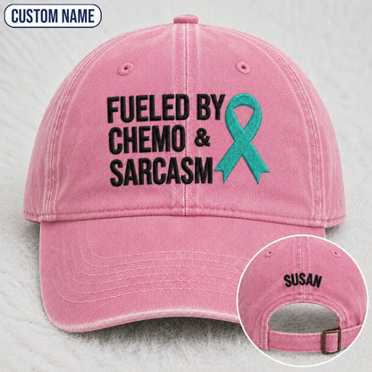 Personalized Fueled By Sarcasm Teal Ribbon Embroidered Washed Cap