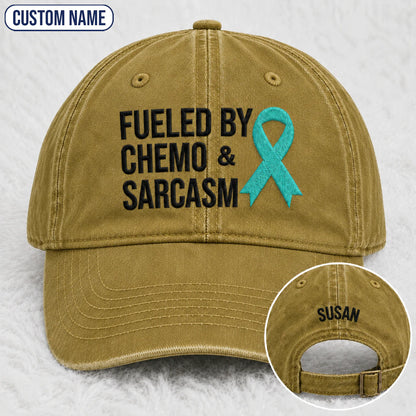 Personalized Fueled By Sarcasm Teal Ribbon Embroidered Washed Cap