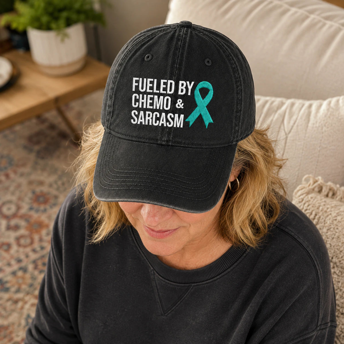 Personalized Fueled By Sarcasm Teal Ribbon Embroidered Washed Cap