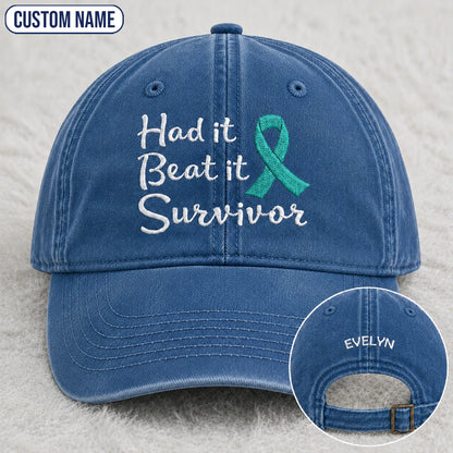 Personalized Had It Beat It Teal Ribbon Embroidered Washed Cap