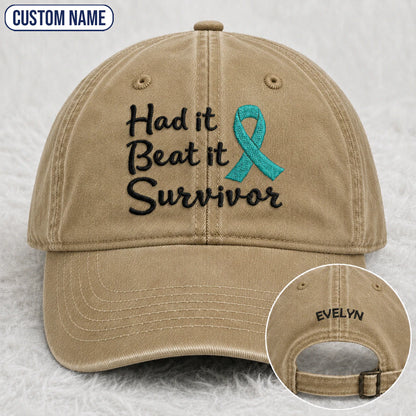 Personalized Had It Beat It Teal Ribbon Embroidered Washed Cap