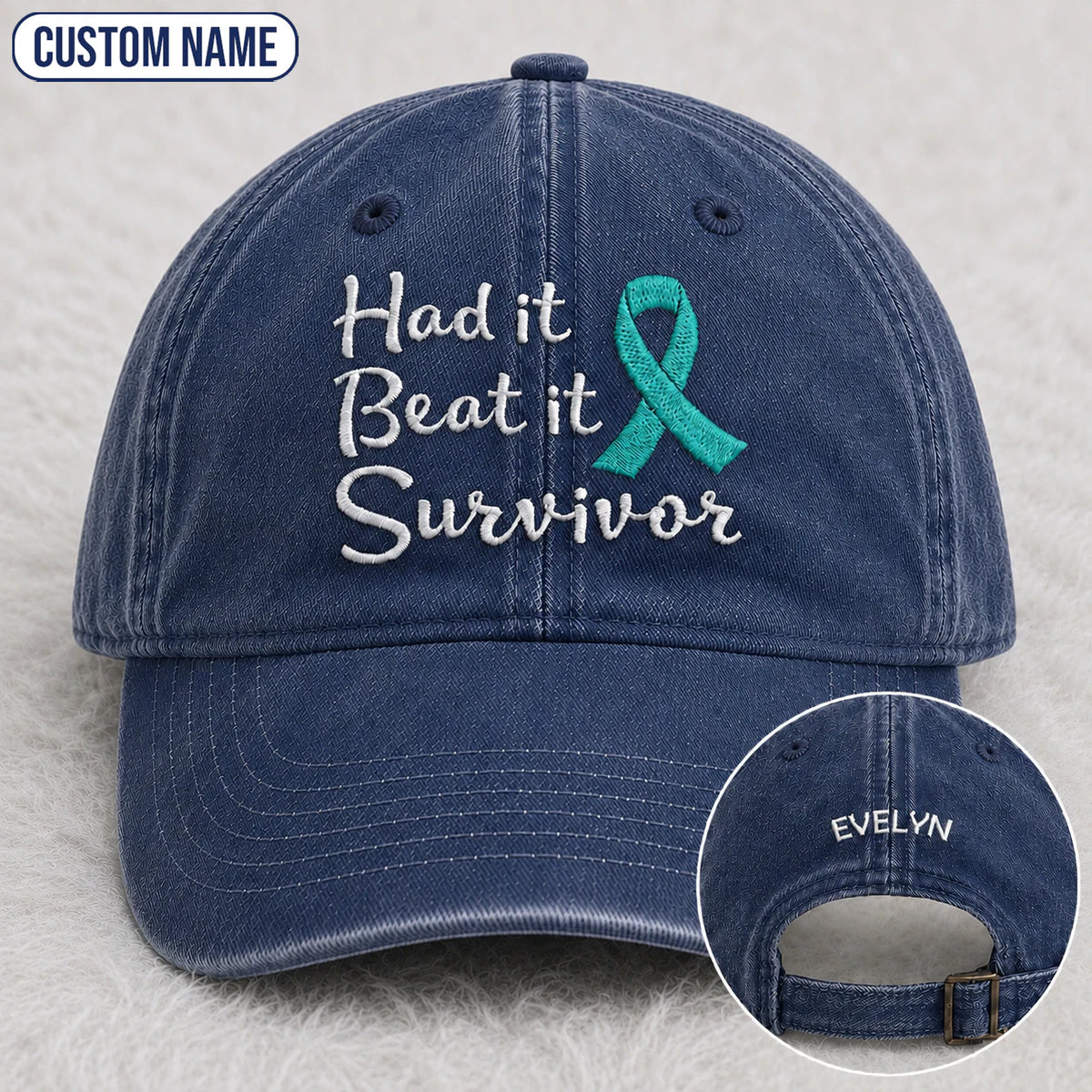 Personalized Had It Beat It Teal Ribbon Embroidered Washed Cap