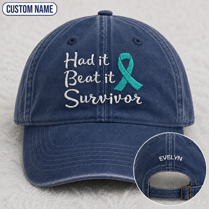 Personalized Had It Beat It Teal Ribbon Embroidered Washed Cap