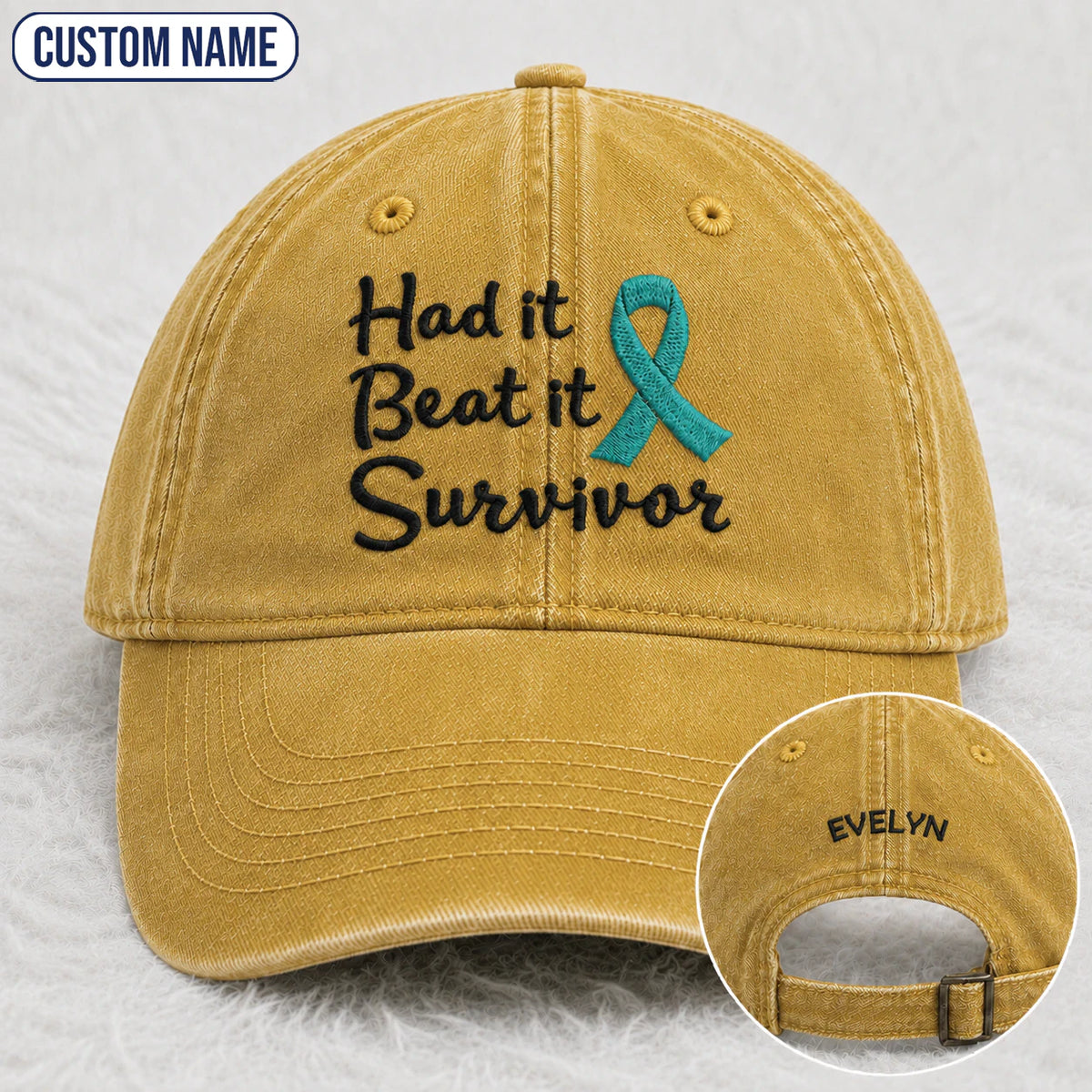 Personalized Had It Beat It Teal Ribbon Embroidered Washed Cap