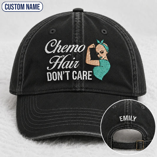 Personalized Hair Don'T Care Teal Ribbon Embroidered Washed Cap