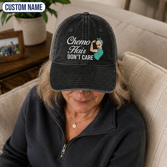 Personalized Hair Don'T Care Teal Ribbon Embroidered Washed Cap