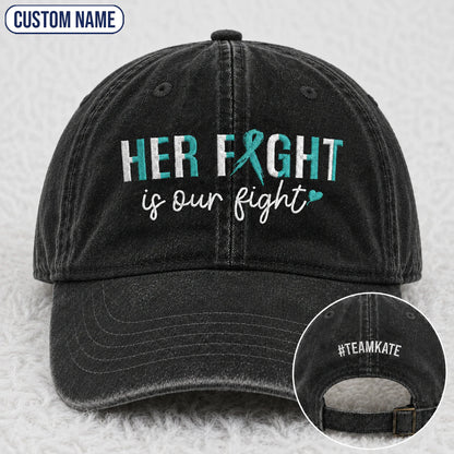 Personalized Her Fight Is Our Fight Teal Ribbon Embroidered Washed Cap