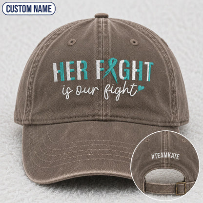 Personalized Her Fight Is Our Fight Teal Ribbon Embroidered Washed Cap