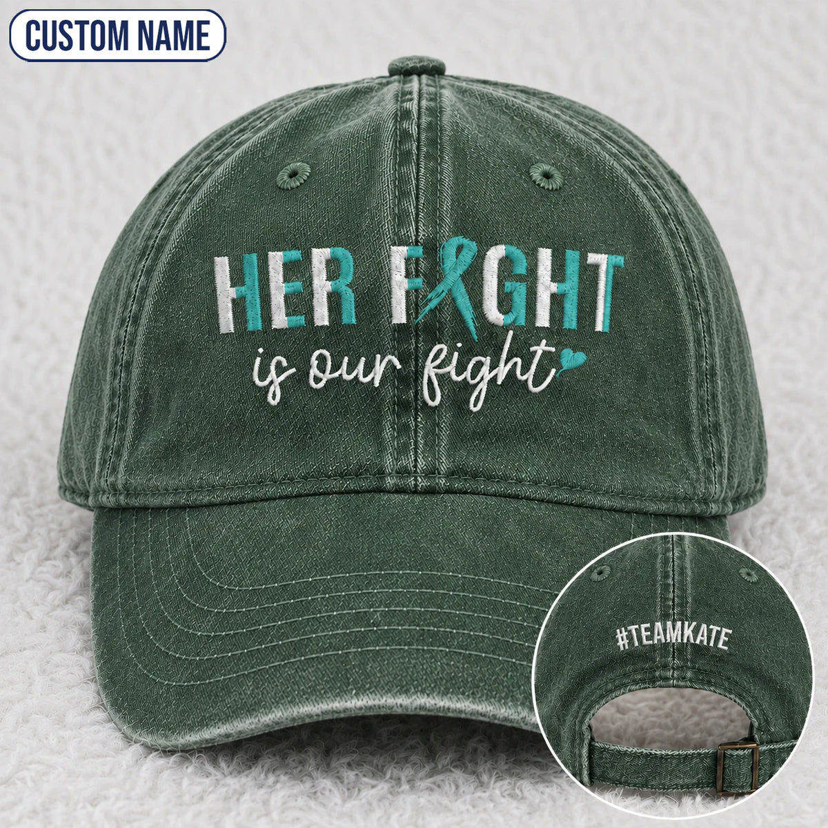 Personalized Her Fight Is Our Fight Teal Ribbon Embroidered Washed Cap