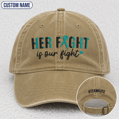 Personalized Her Fight Is Our Fight Teal Ribbon Embroidered Washed Cap