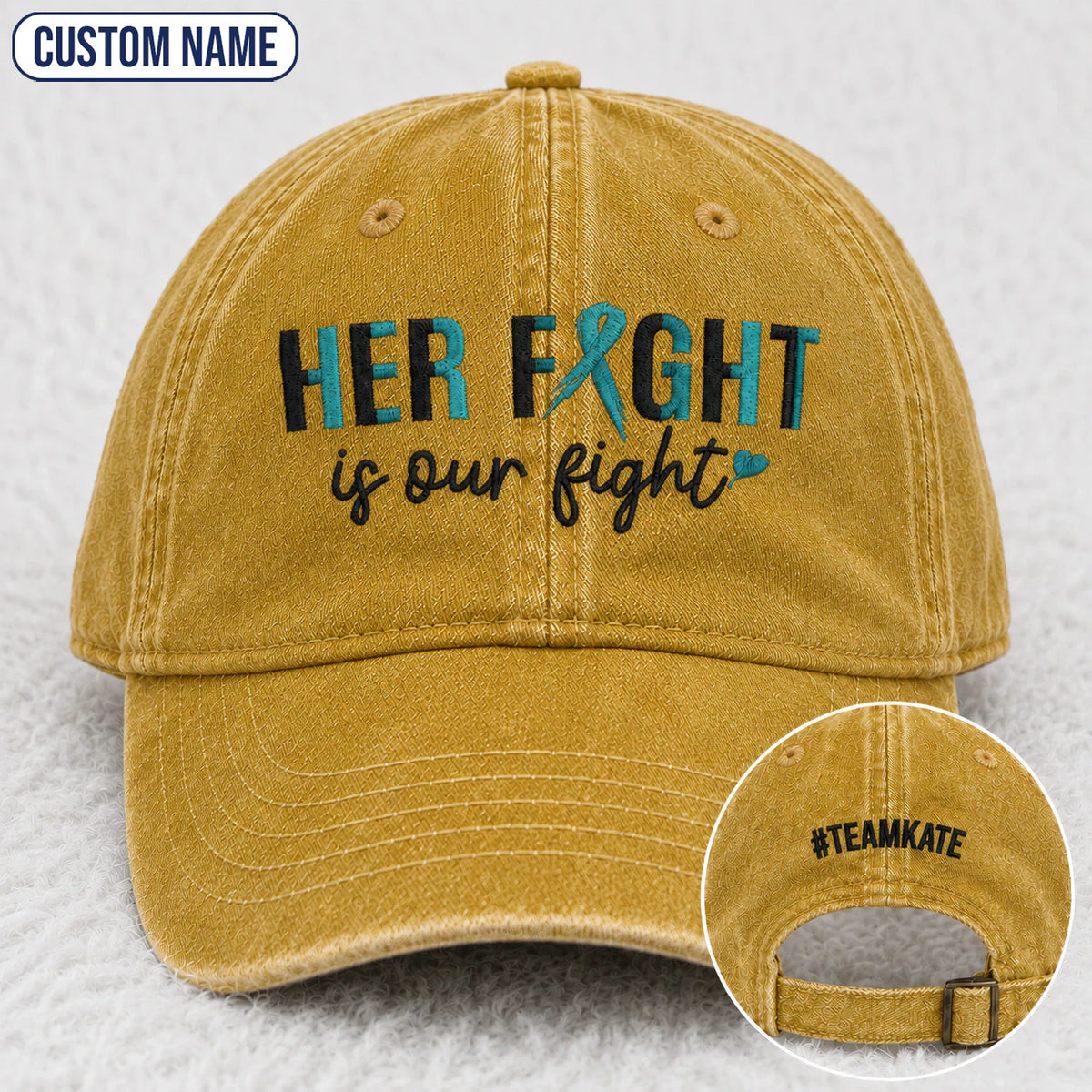 Personalized Her Fight Is Our Fight Teal Ribbon Embroidered Washed Cap
