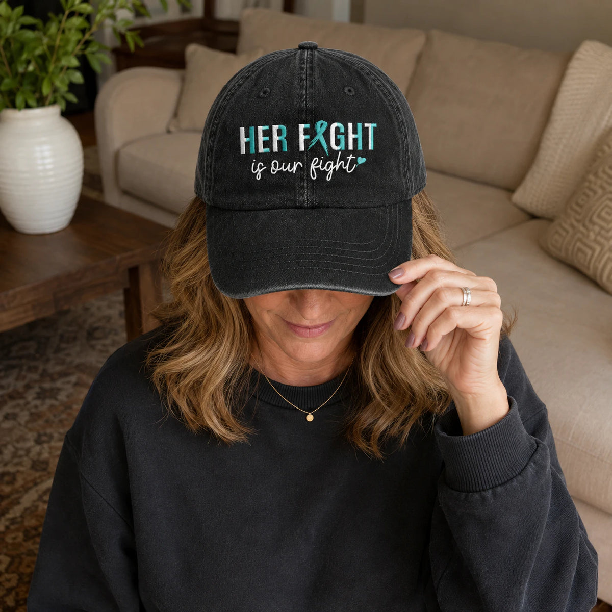 Personalized Her Fight Is Our Fight Teal Ribbon Embroidered Washed Cap