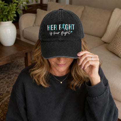 Personalized Her Fight Is Our Fight Teal Ribbon Embroidered Washed Cap