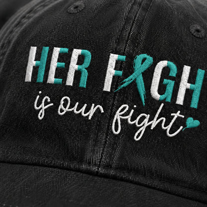 Personalized Her Fight Is Our Fight Teal Ribbon Embroidered Washed Cap