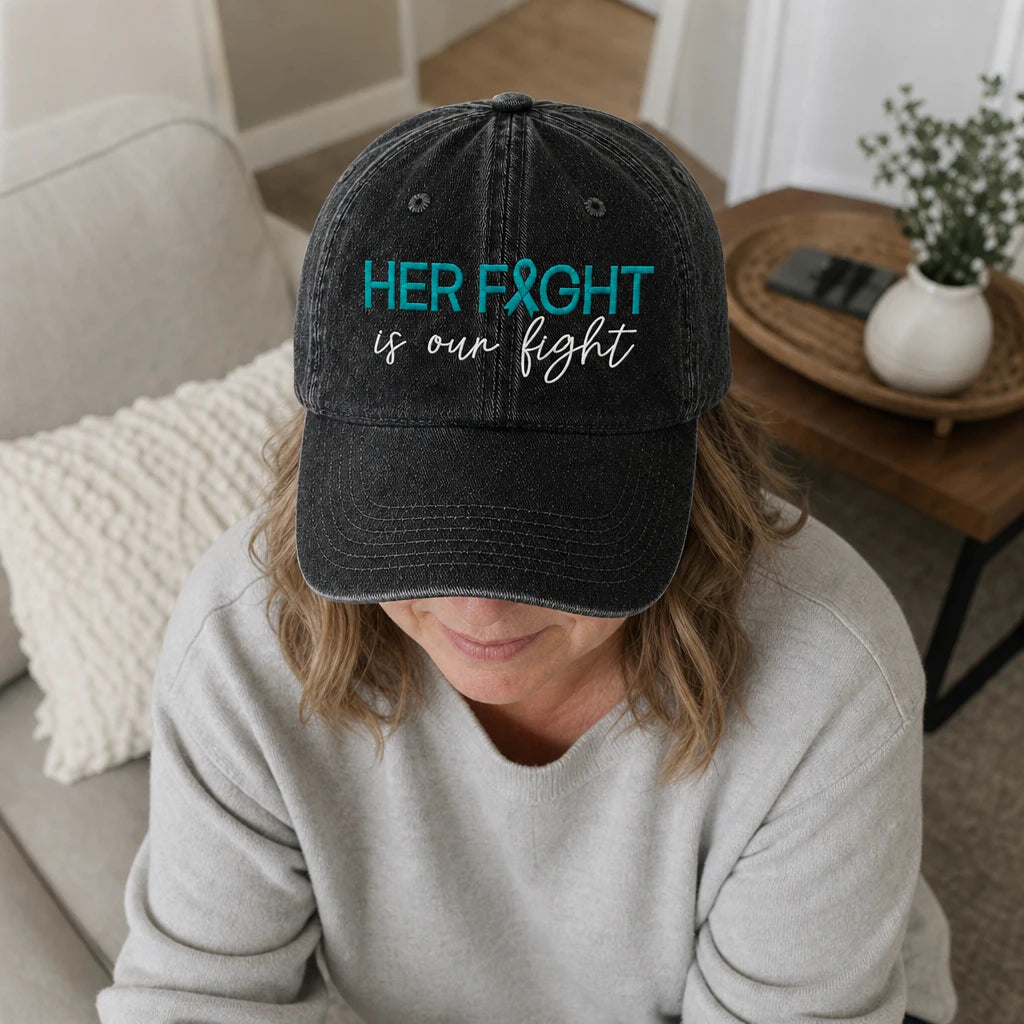 Personalized Her Fight Is Our Fight V2 Teal Ribbon Embroidered Washed Cap