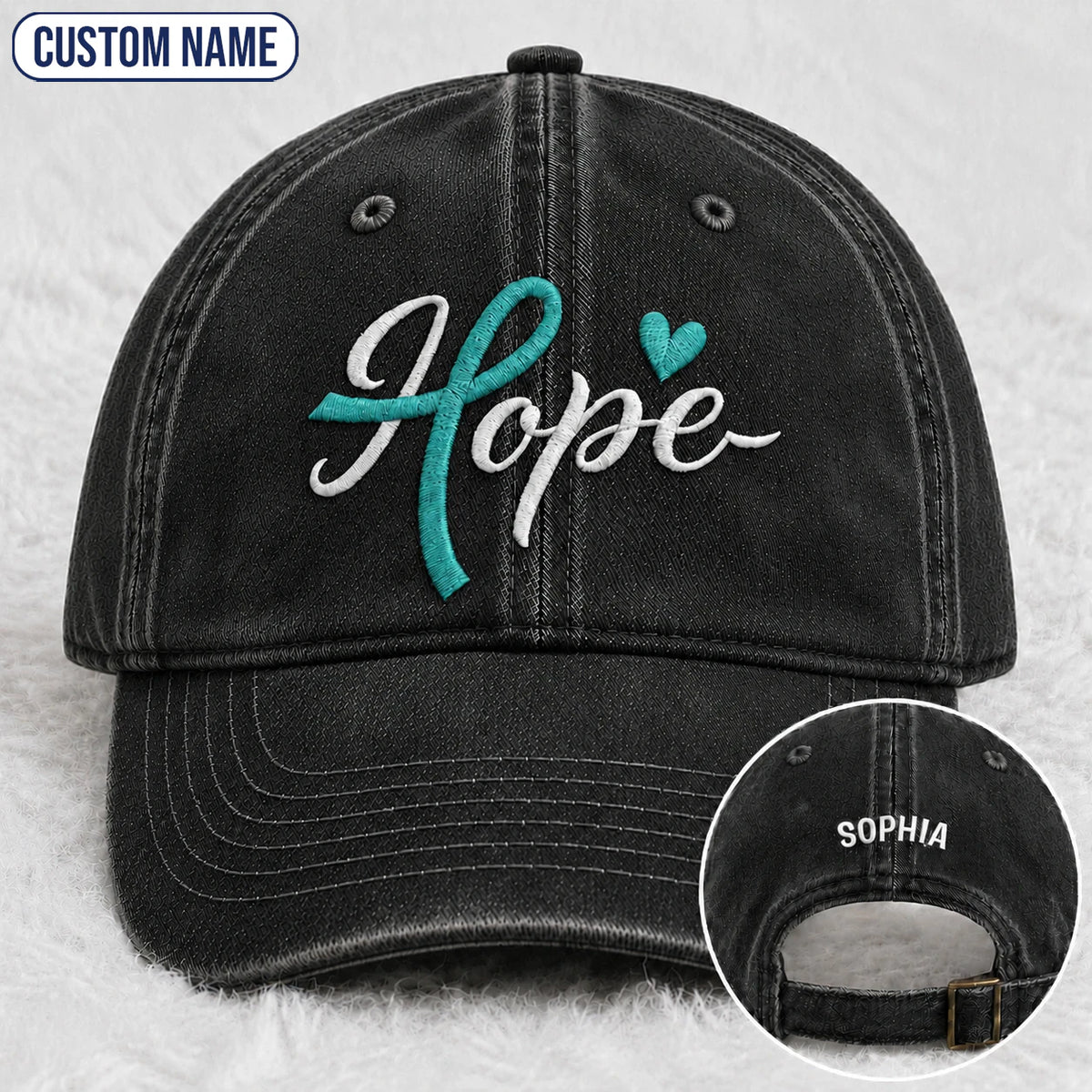 Personalized Hope Teal Ribbon Embroidered Washed Cap