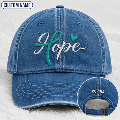 Personalized Hope Teal Ribbon Embroidered Washed Cap