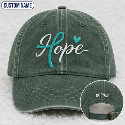 Personalized Hope Teal Ribbon Embroidered Washed Cap