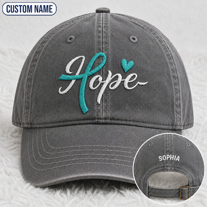 Personalized Hope Teal Ribbon Embroidered Washed Cap