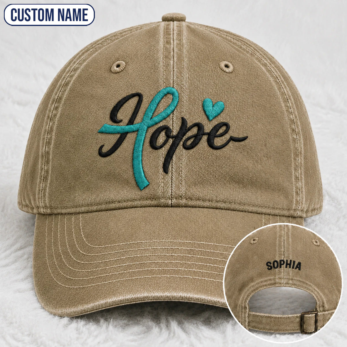 Personalized Hope Teal Ribbon Embroidered Washed Cap