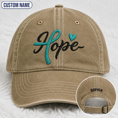 Personalized Hope Teal Ribbon Embroidered Washed Cap