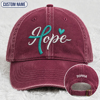 Personalized Hope Teal Ribbon Embroidered Washed Cap