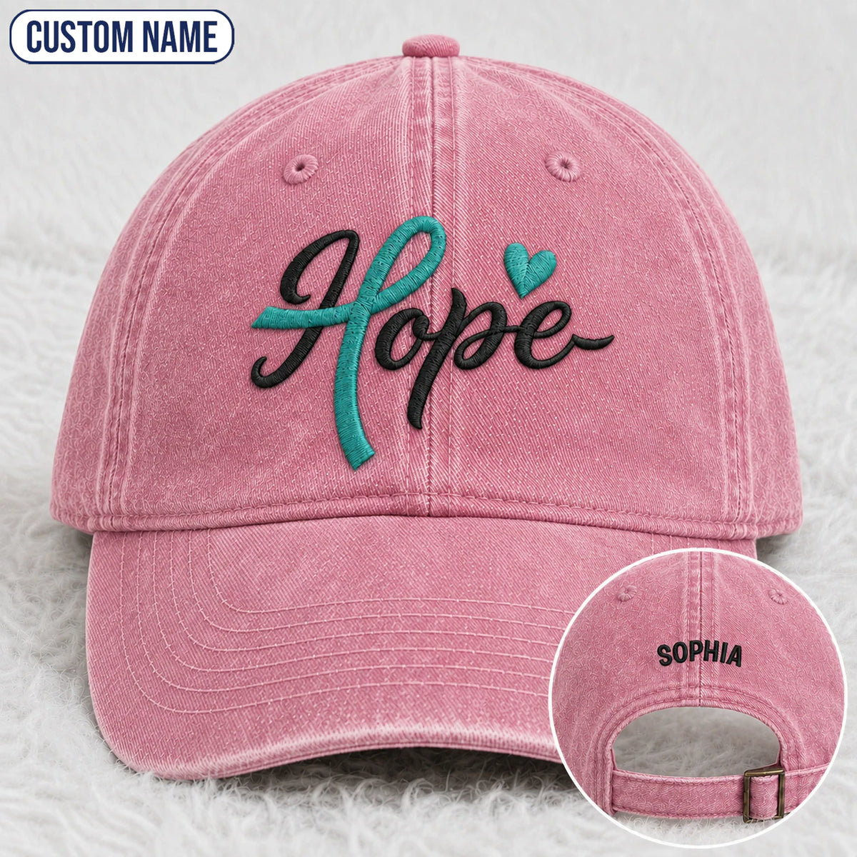 Personalized Hope Teal Ribbon Embroidered Washed Cap