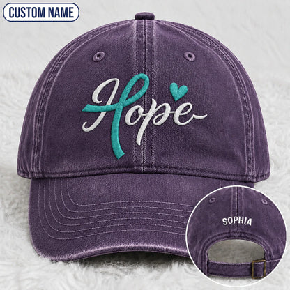 Personalized Hope Teal Ribbon Embroidered Washed Cap