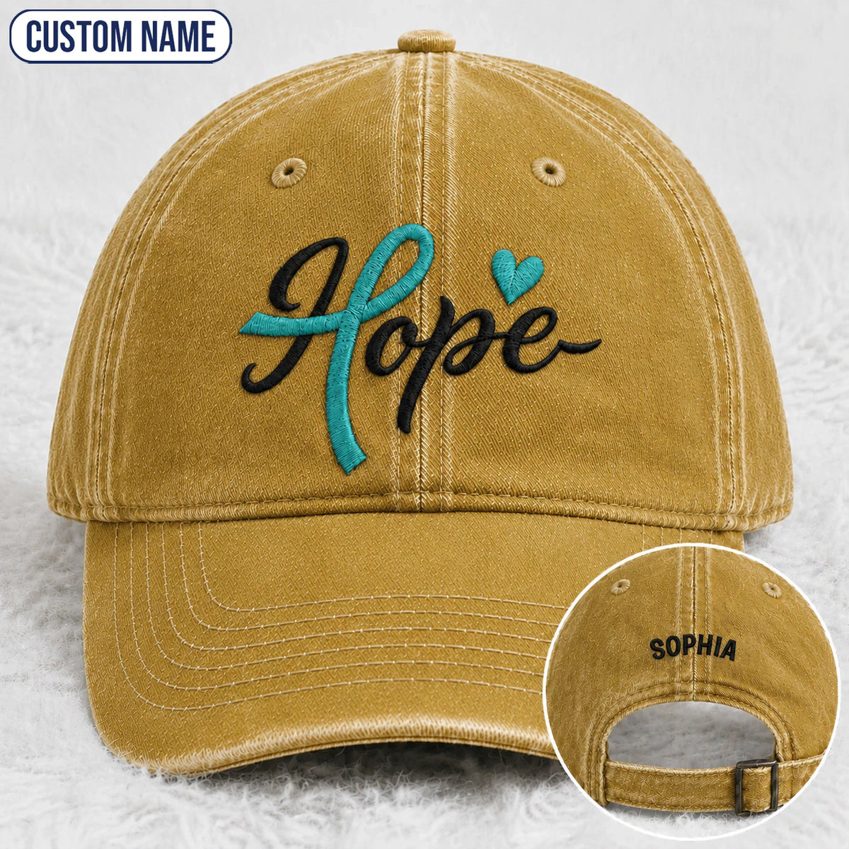Personalized Hope Teal Ribbon Embroidered Washed Cap