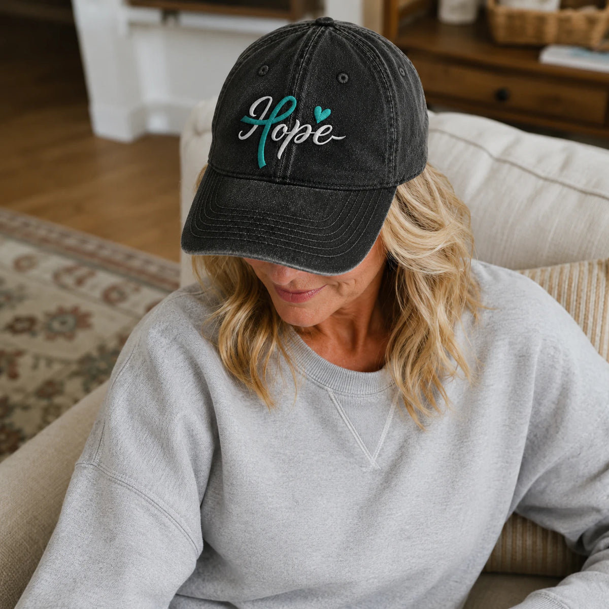 Personalized Hope Teal Ribbon Embroidered Washed Cap