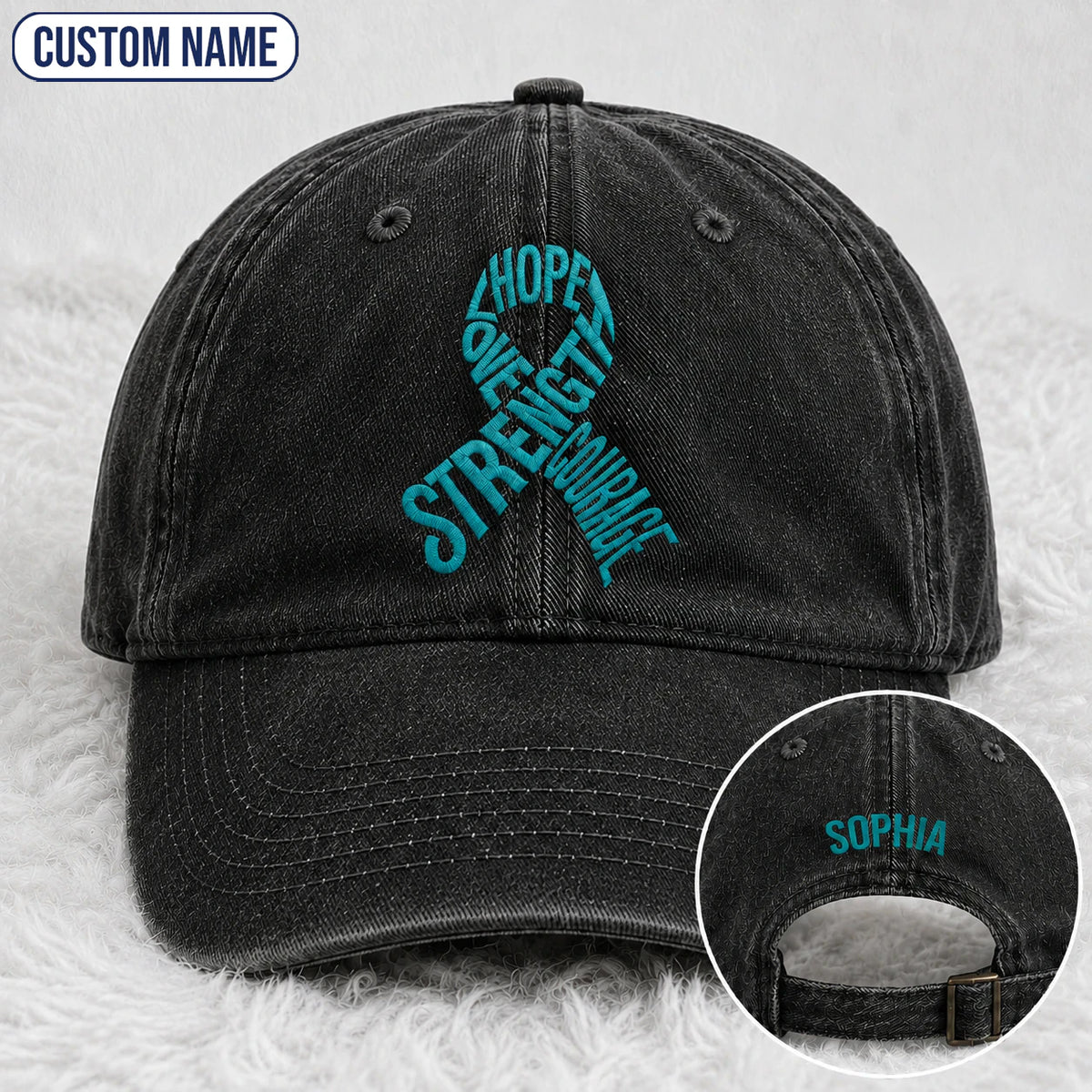 Personalized Hope Love Strength Courage Teal Ribbon Embroidered Washed Cap