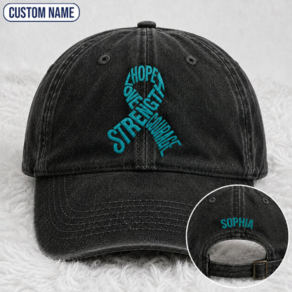 Personalized Hope Love Strength Courage Teal Ribbon Embroidered Washed Cap