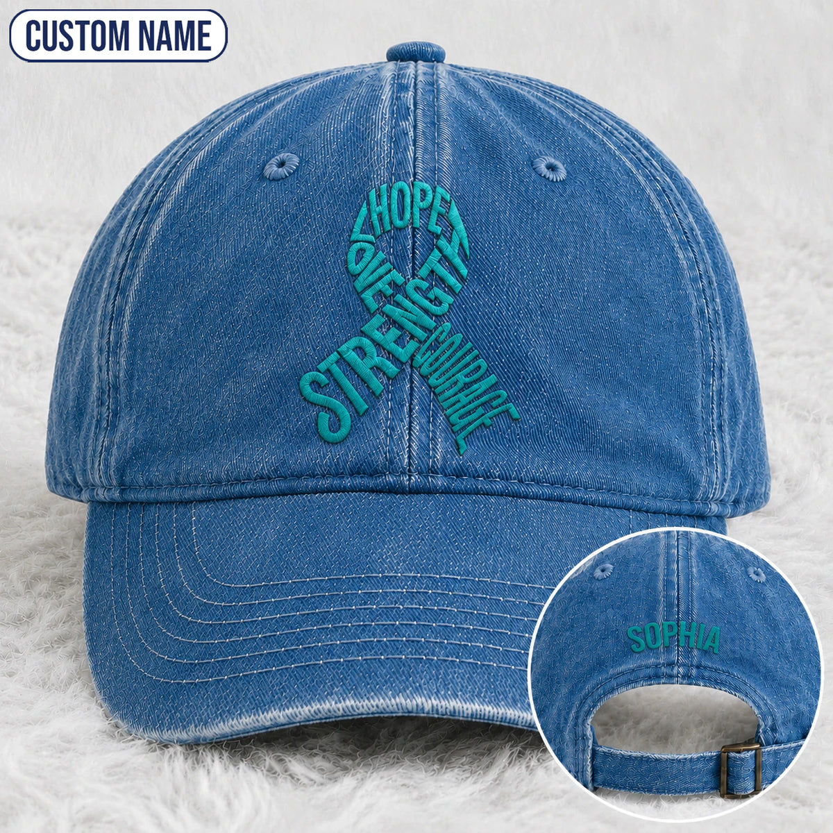 Personalized Hope Love Strength Courage Teal Ribbon Embroidered Washed Cap
