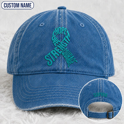 Personalized Hope Love Strength Courage Teal Ribbon Embroidered Washed Cap