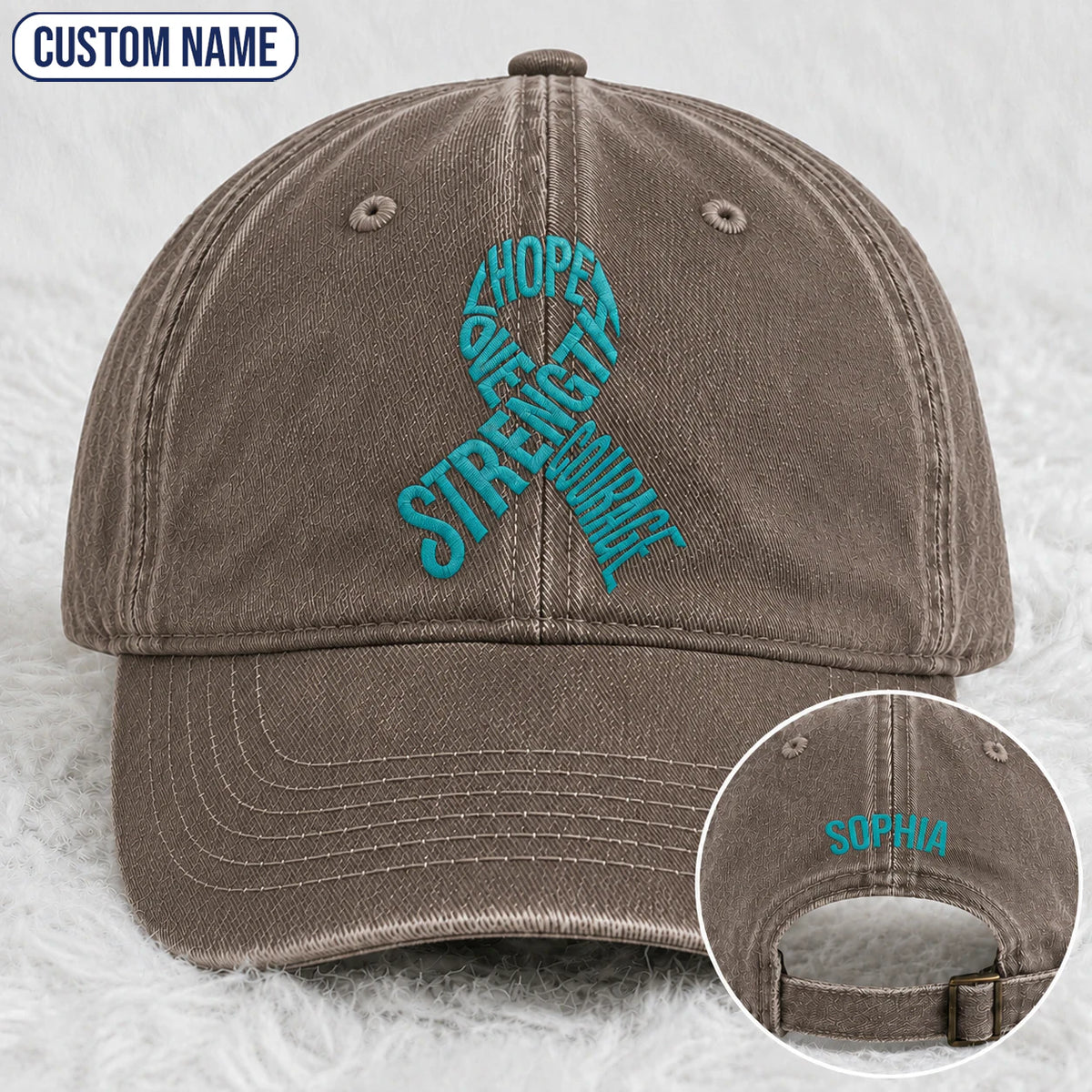 Personalized Hope Love Strength Courage Teal Ribbon Embroidered Washed Cap