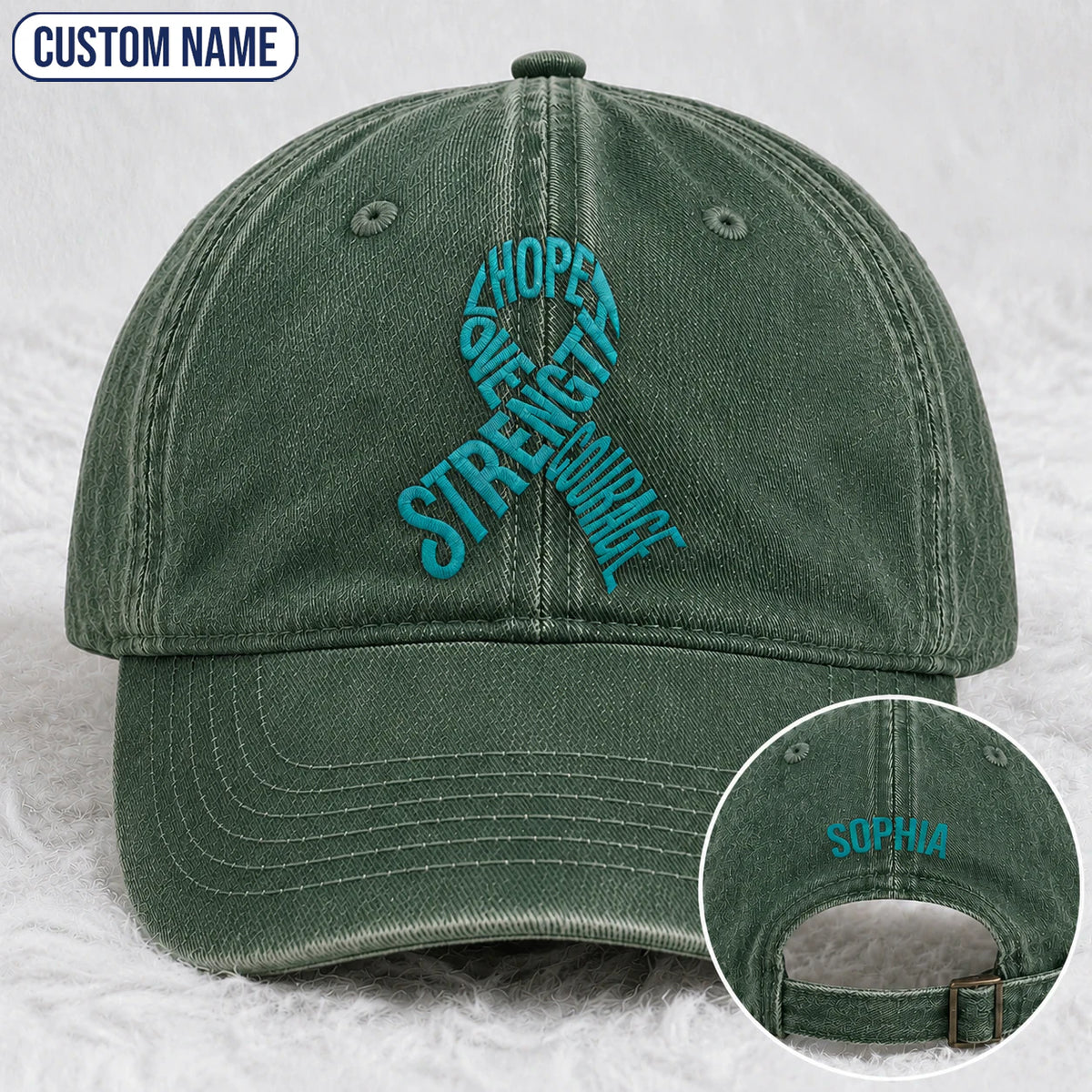 Personalized Hope Love Strength Courage Teal Ribbon Embroidered Washed Cap