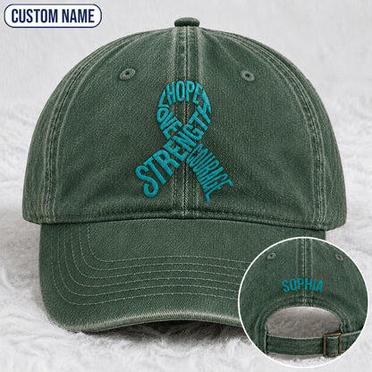 Personalized Hope Love Strength Courage Teal Ribbon Embroidered Washed Cap