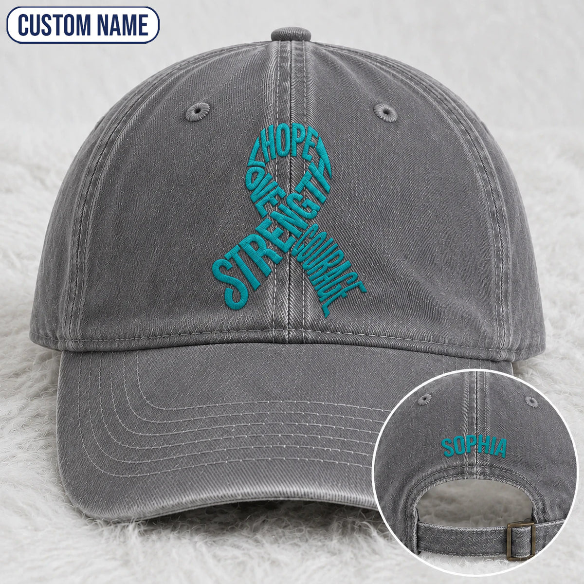 Personalized Hope Love Strength Courage Teal Ribbon Embroidered Washed Cap