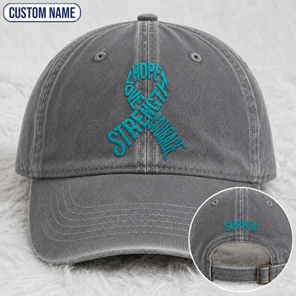 Personalized Hope Love Strength Courage Teal Ribbon Embroidered Washed Cap
