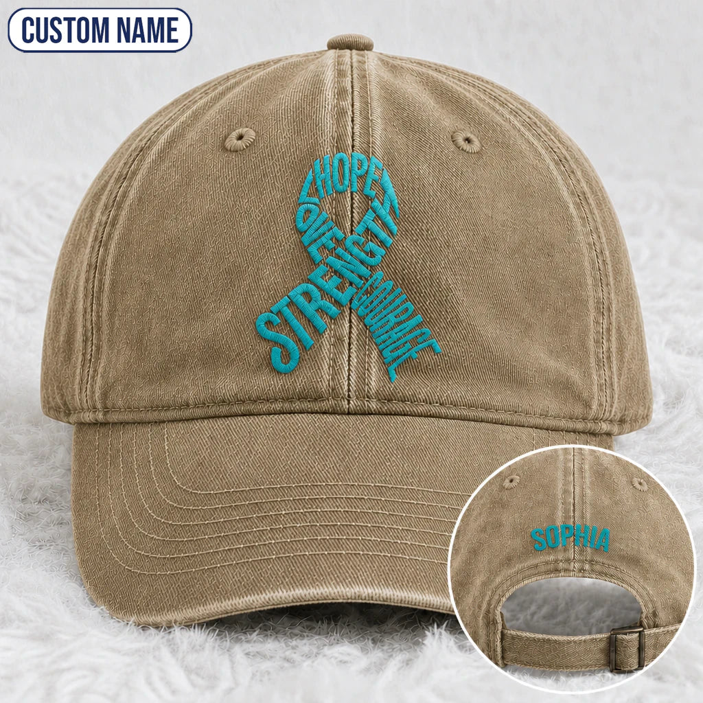 Personalized Hope Love Strength Courage Teal Ribbon Embroidered Washed Cap