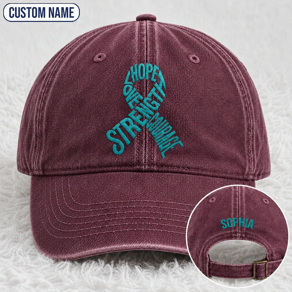Personalized Hope Love Strength Courage Teal Ribbon Embroidered Washed Cap