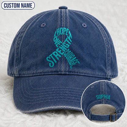 Personalized Hope Love Strength Courage Teal Ribbon Embroidered Washed Cap