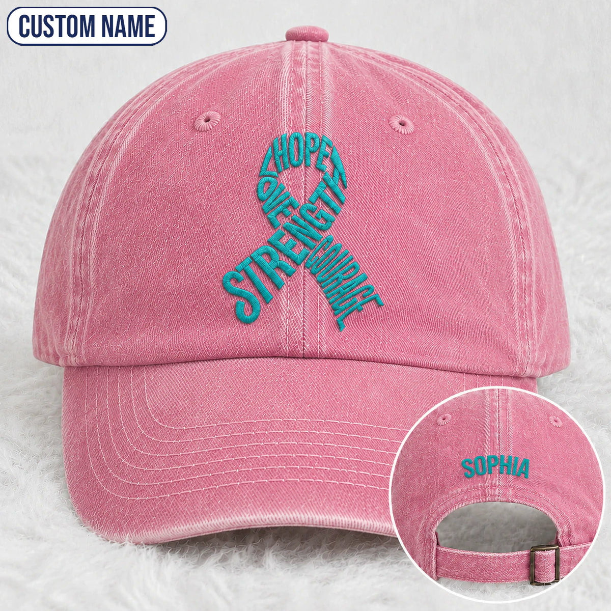Personalized Hope Love Strength Courage Teal Ribbon Embroidered Washed Cap