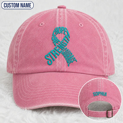Personalized Hope Love Strength Courage Teal Ribbon Embroidered Washed Cap