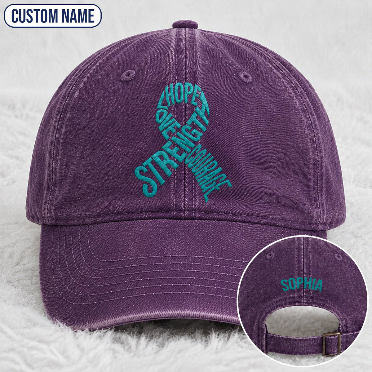 Personalized Hope Love Strength Courage Teal Ribbon Embroidered Washed Cap