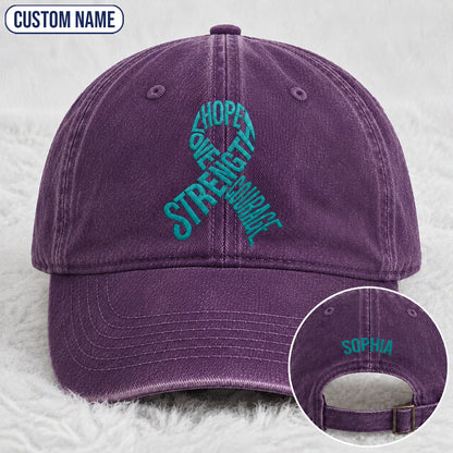 Personalized Hope Love Strength Courage Teal Ribbon Embroidered Washed Cap