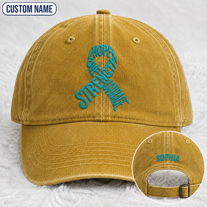 Personalized Hope Love Strength Courage Teal Ribbon Embroidered Washed Cap
